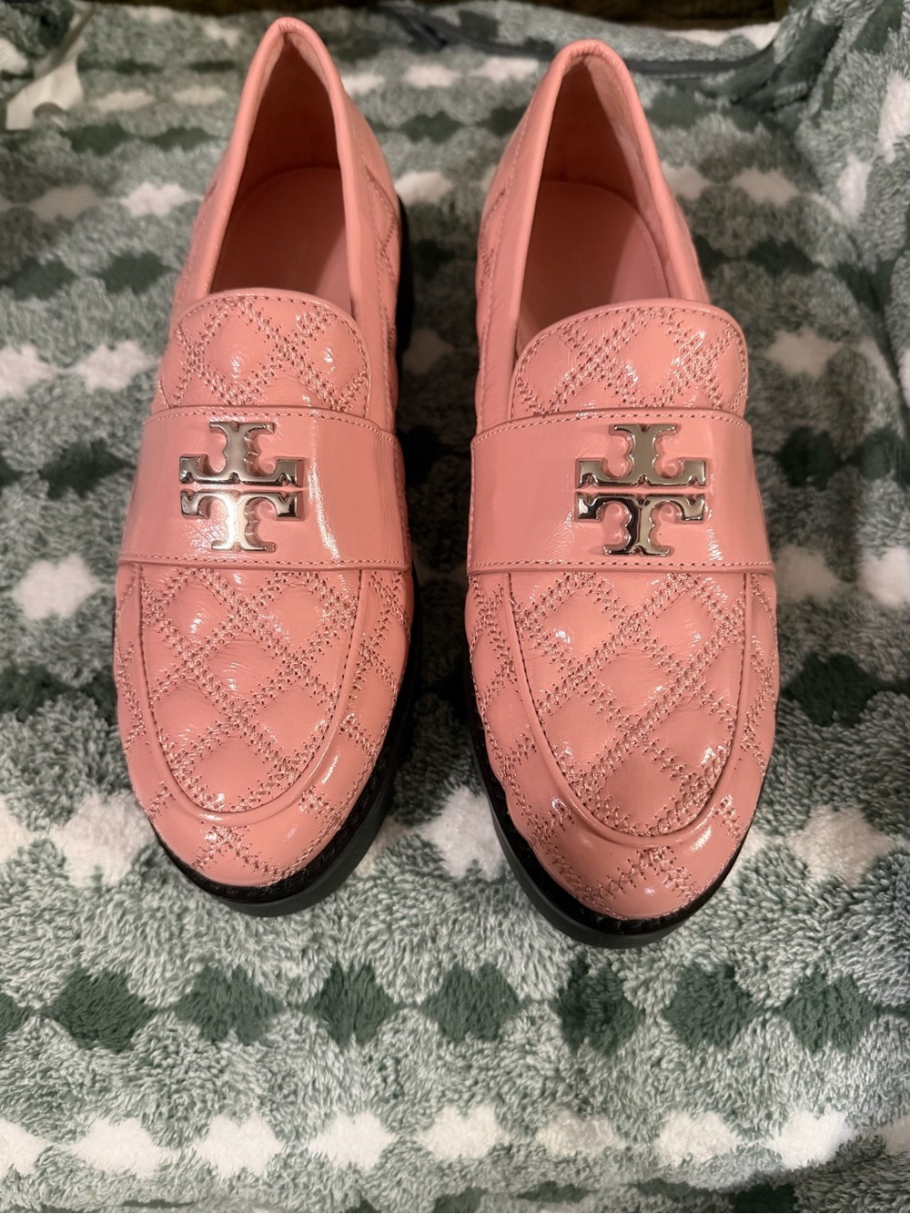 Tory Burch Blush Quilted Patent Leather Loafers with Silver Logo